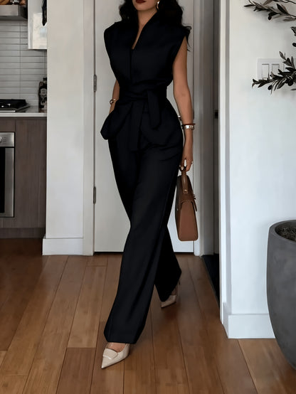 Women's Sleeveless Two-Piece Set with Bow Belt - Elegant Solid Color