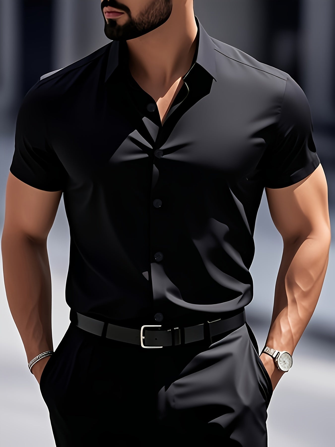 Men's Casual Navy Blue Short-Sleeve Polyester Shirt