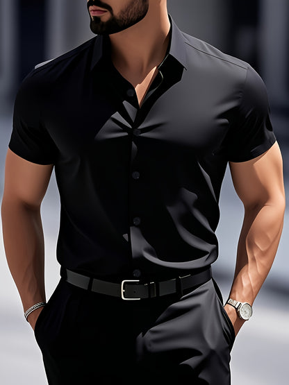 Men's Casual Navy Blue Short-Sleeve Polyester Shirt