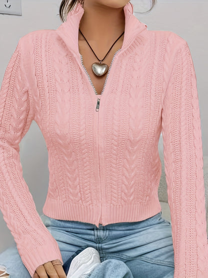 Women's Elegant Zip-Up Cable Cardigan with Stand Collar - Machine Washable Spring/Fall Jacket, White Solid Color, Braided Design & Zipper Front for Casual or Dressy Outfits, Cardigan Sweater, Autumn Layering Piece, Spring Out