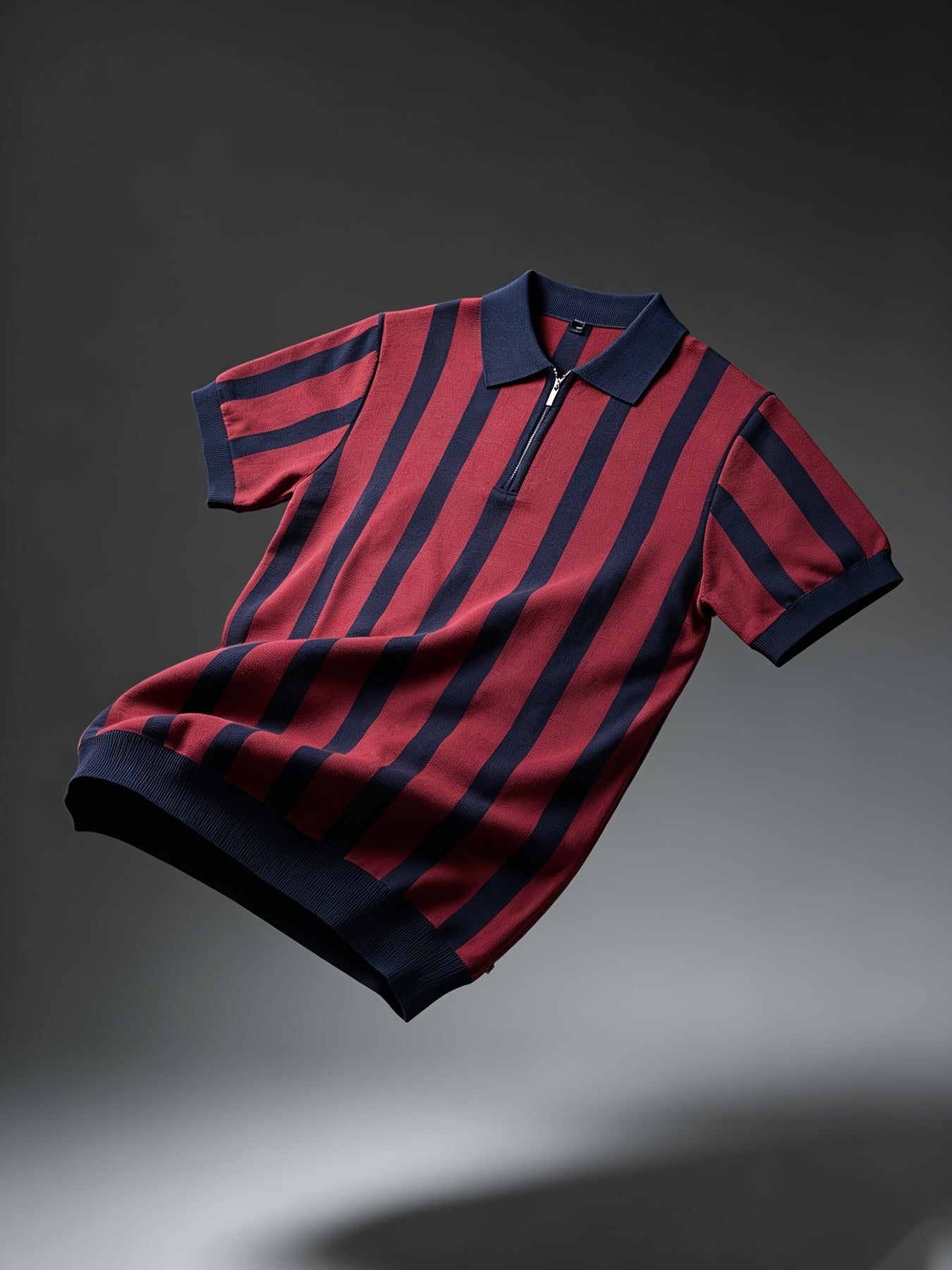 Men's Slim Fit Vertical Stripe Knit Polo with Half-Zip Collar