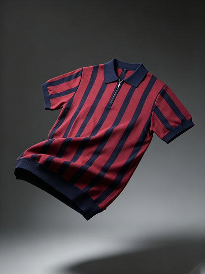 Men's Slim Fit Vertical Stripe Knit Polo with Half-Zip Collar