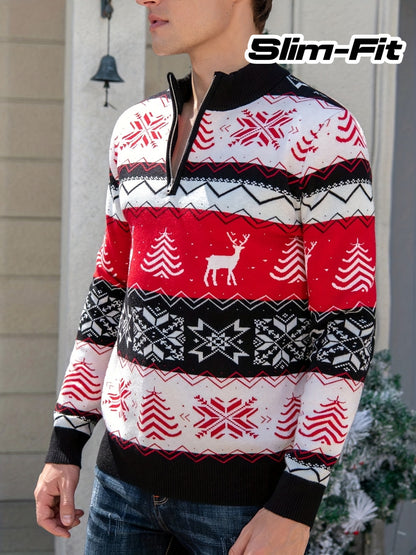 Men's Winter Weight Slim-Fit Zippered Sweater Jacket - Black/White/Red/Green Reindeer & Snowflake Pattern Collar, Machine Washable Half-Zip Coat for Christmas Parties, Casual & Formal Events ( Collar)