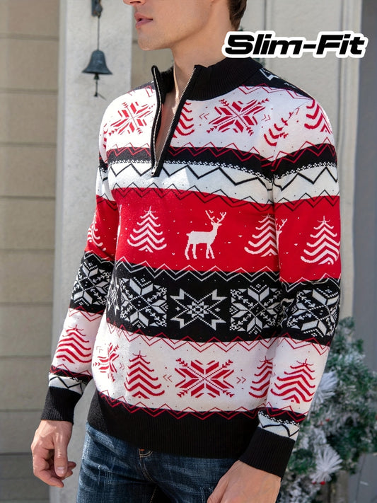 Men's Winter Weight Slim-Fit Zippered Sweater Jacket - Black/White/Red/Green Reindeer & Snowflake Pattern Collar, Machine Washable Half-Zip Coat for Christmas Parties, Casual & Formal Events ( Collar)