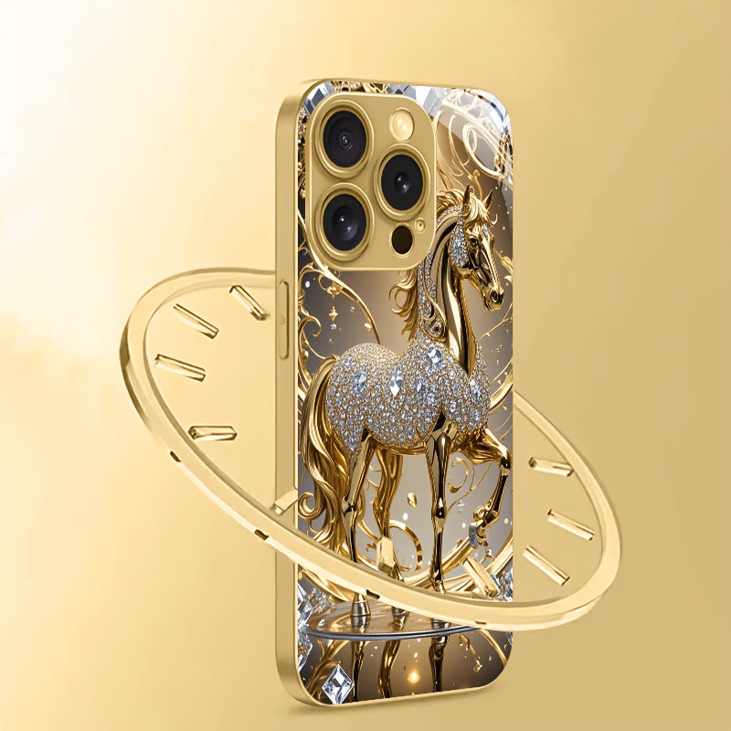 Premium Golden Horse Pattern Gift for 4 Seasons Tempered Glass Phone Case for Iphone 16/16 Pro/16Plus/16Pro Max/15/15 Pro/15 Pro Max/14/14Pro/14 PLUS/14 Pro Max/13/13 Pro/13 Pro Max/13 Mini/12/11 /XR/XS/X/7/8PLUS Mobile Phone