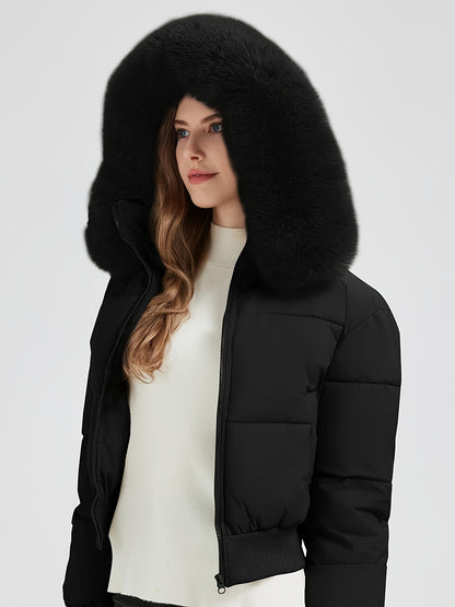 Women'S Winter Jacket - Elegant Short Coat with Detachable Hood, Zippered Pockets, Warm Outerwear for Cold Weather, Office, Parties, Everyday - Chic Winter Clothing for Women, Party Wear, Sleek Design, Cozy Lining, Fashioncon