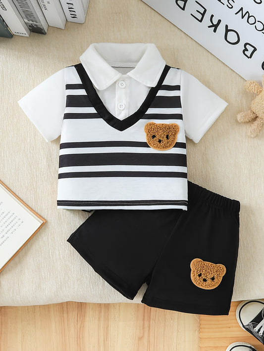 Casual Boys' Striped Collar Shirt & Shorts Set for Spring/Fall