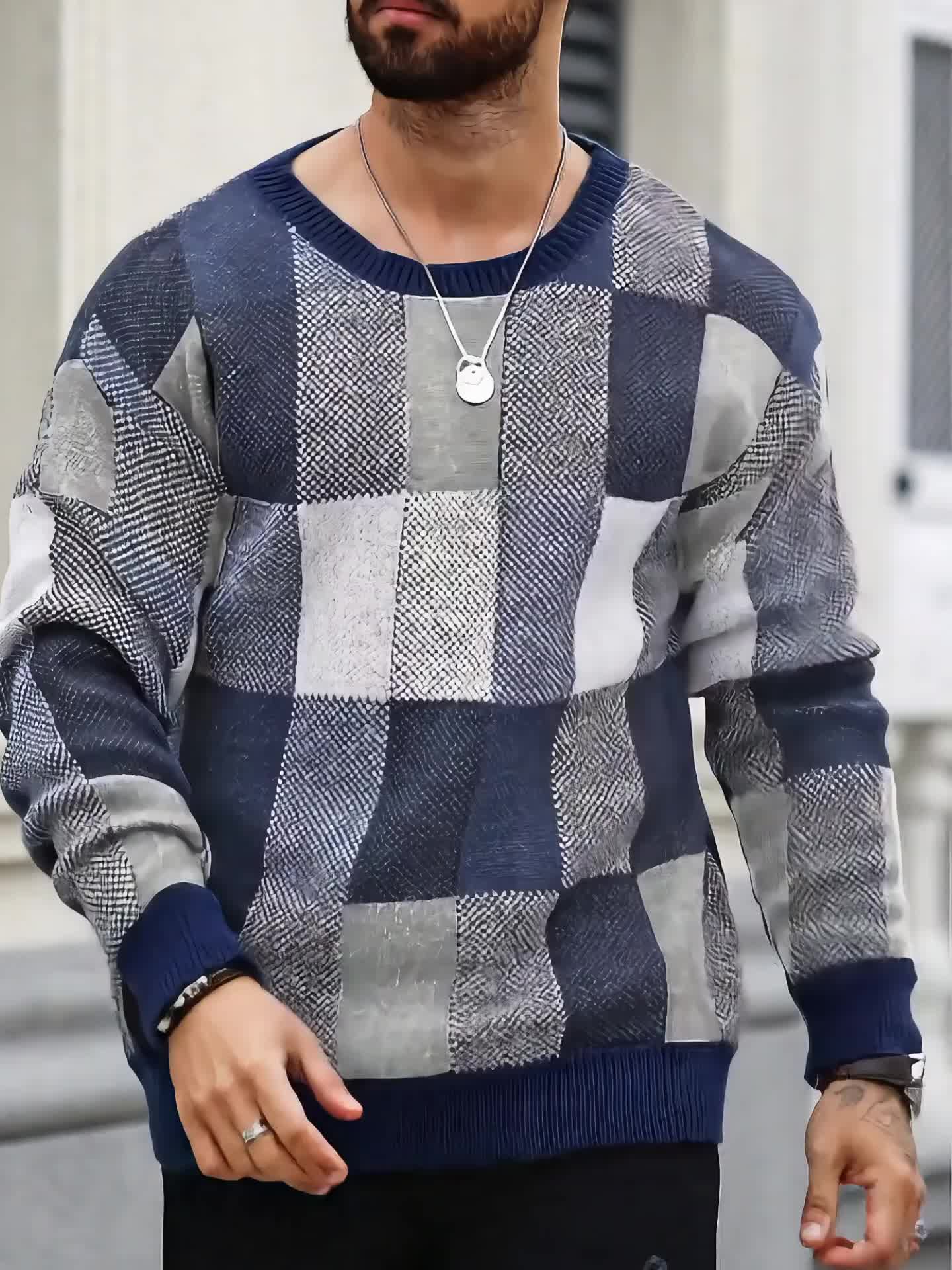 Men'S Casual Plaid Crew Neck Knit Sweater | Loose Fit, Long Sleeve, Fashionable Color Block Design, Suitable for Fall/Winter