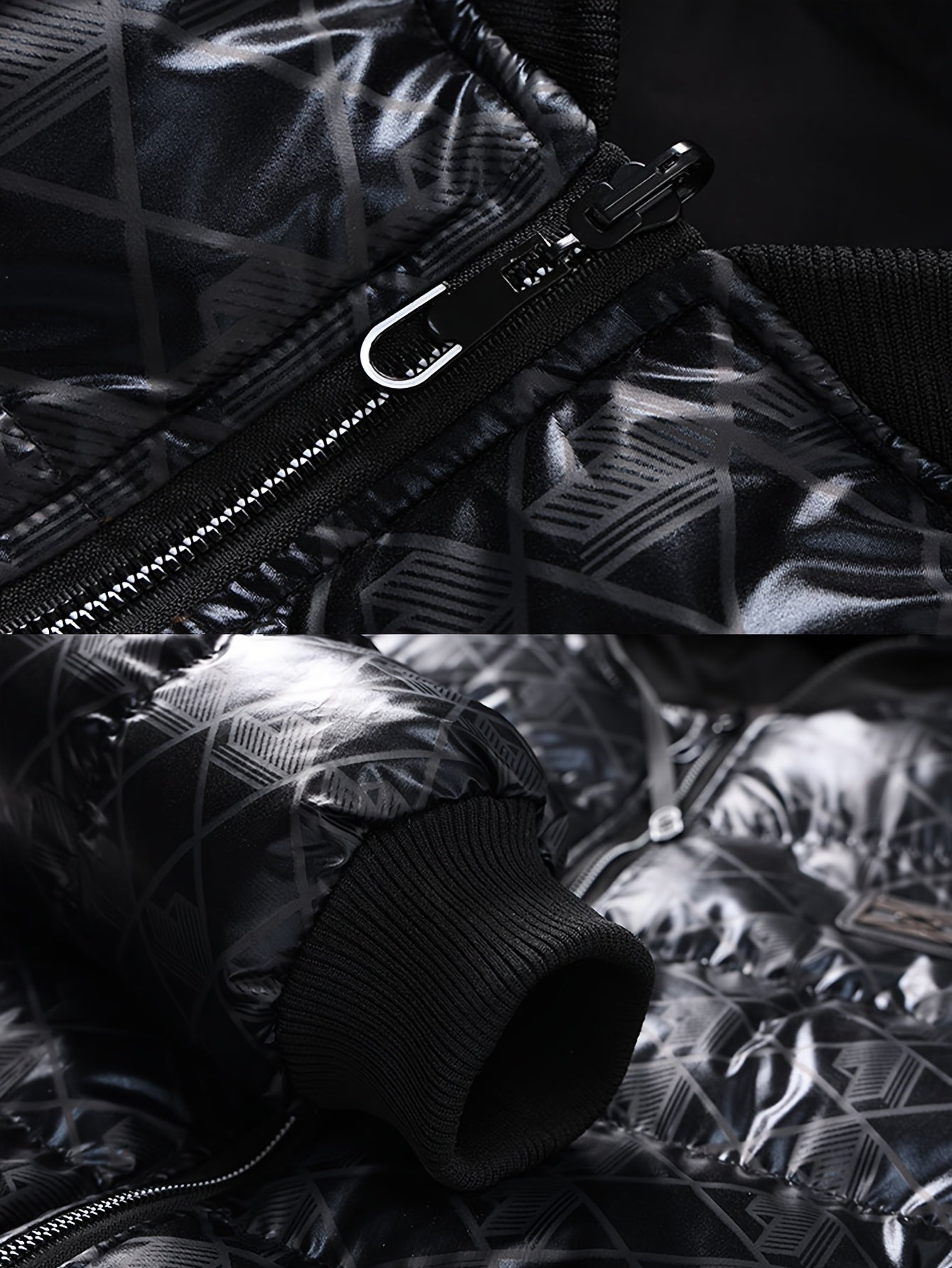 Men'S Stylish Hooded Winter Jacket - Thickened, Warm, and Trendy with Geometric Pattern, Black with Orange Accents, Polyester Filler, Perfect for Cold Weather, Winter Jacket Hooded