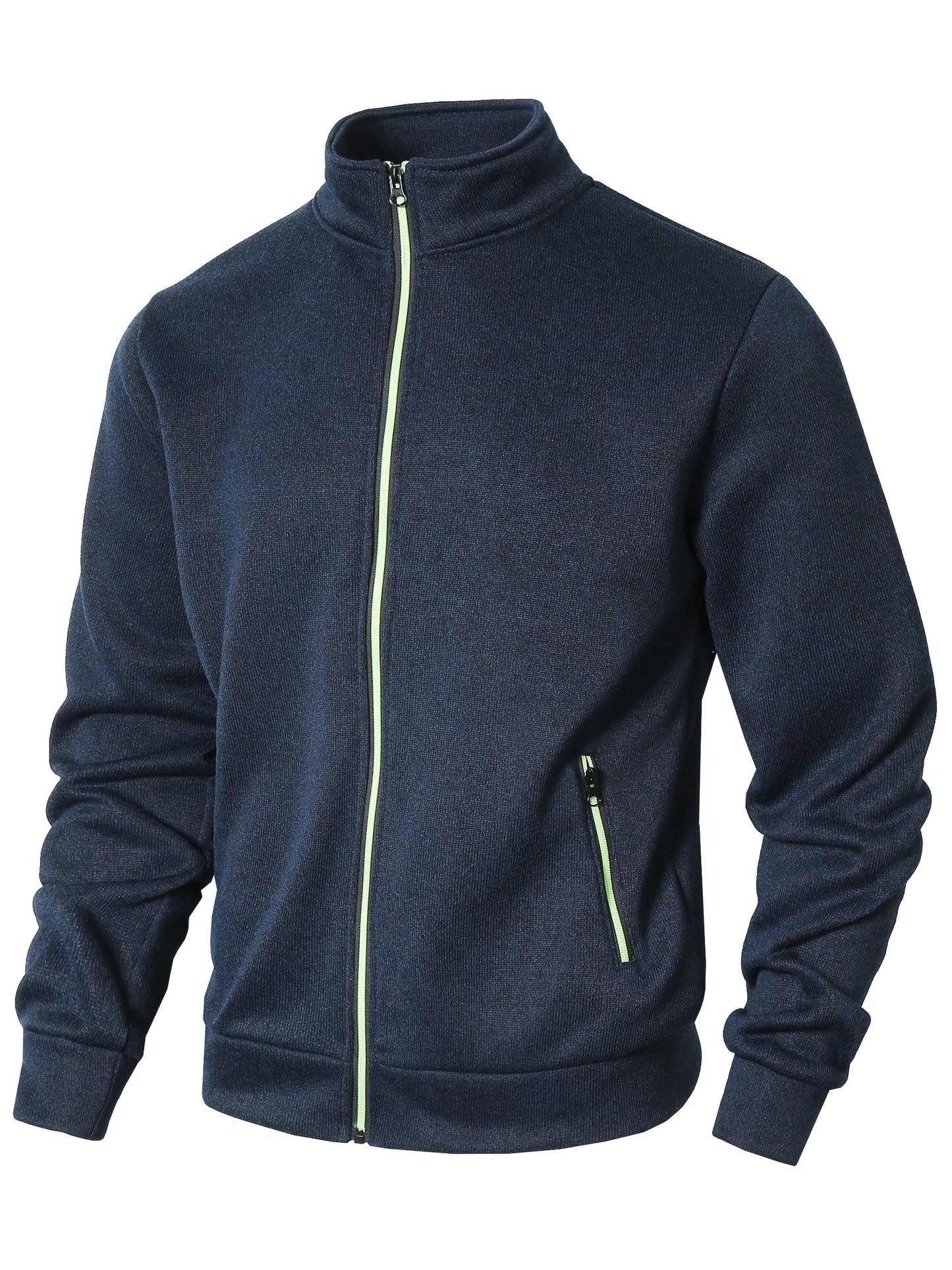 Men's Sporty Full-Zip Stand Collar Sweatshirt - Long Sleeve Casual Pullover with Neon Green Accents, Solid Color Non-Stretch Fabric, Regular Fit for Fall Winter