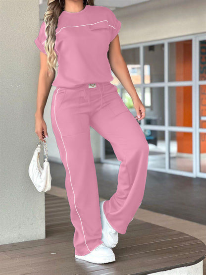 New Women'S Spring And Autumn Collection Featuring a Solid Color, Soft And Comfortable Round-Neck T-Shirt Paired with High-Waisted, Casual Straight-Leg Pants in a Two-Piece Set