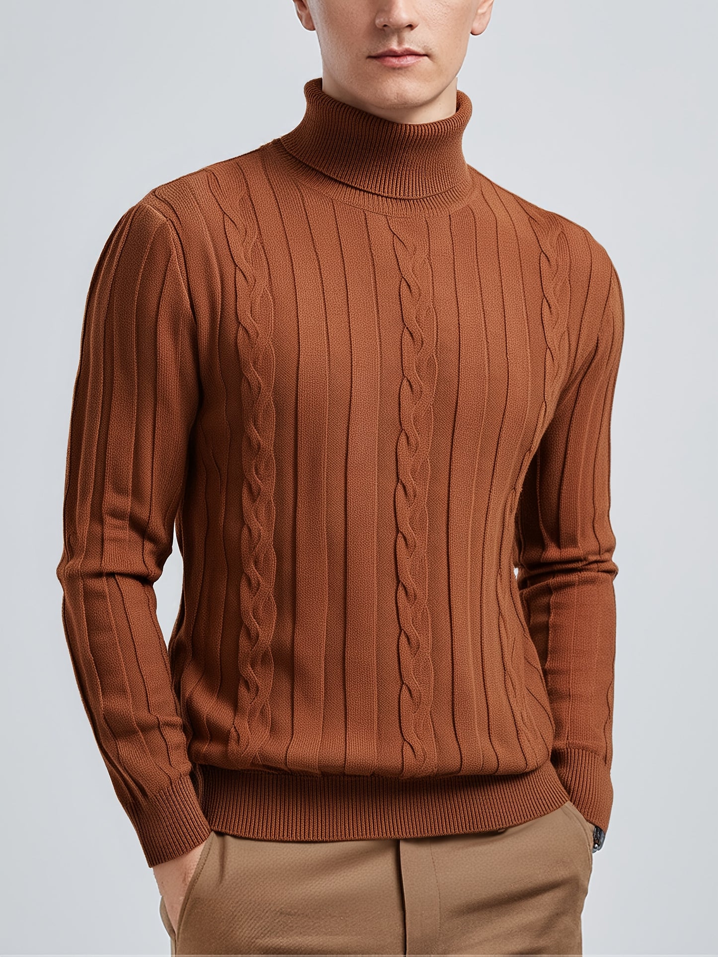Men's Mature Slim-Fit High-Neck Long-Sleeve Sweater, Casual Ribbed Knit Pullover Solid Color Sweater, Men's Winter Clothing, Men's Sweater, Christmas Sweater, Men's Christmas Sweater, Winter Men's Apparel, New Year's Apparel,