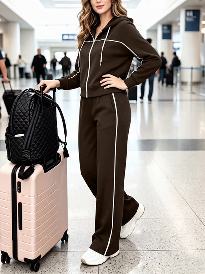 Women's Casual Two-Piece Set Hooded Cardigan & Wide-Leg Pants - ayq