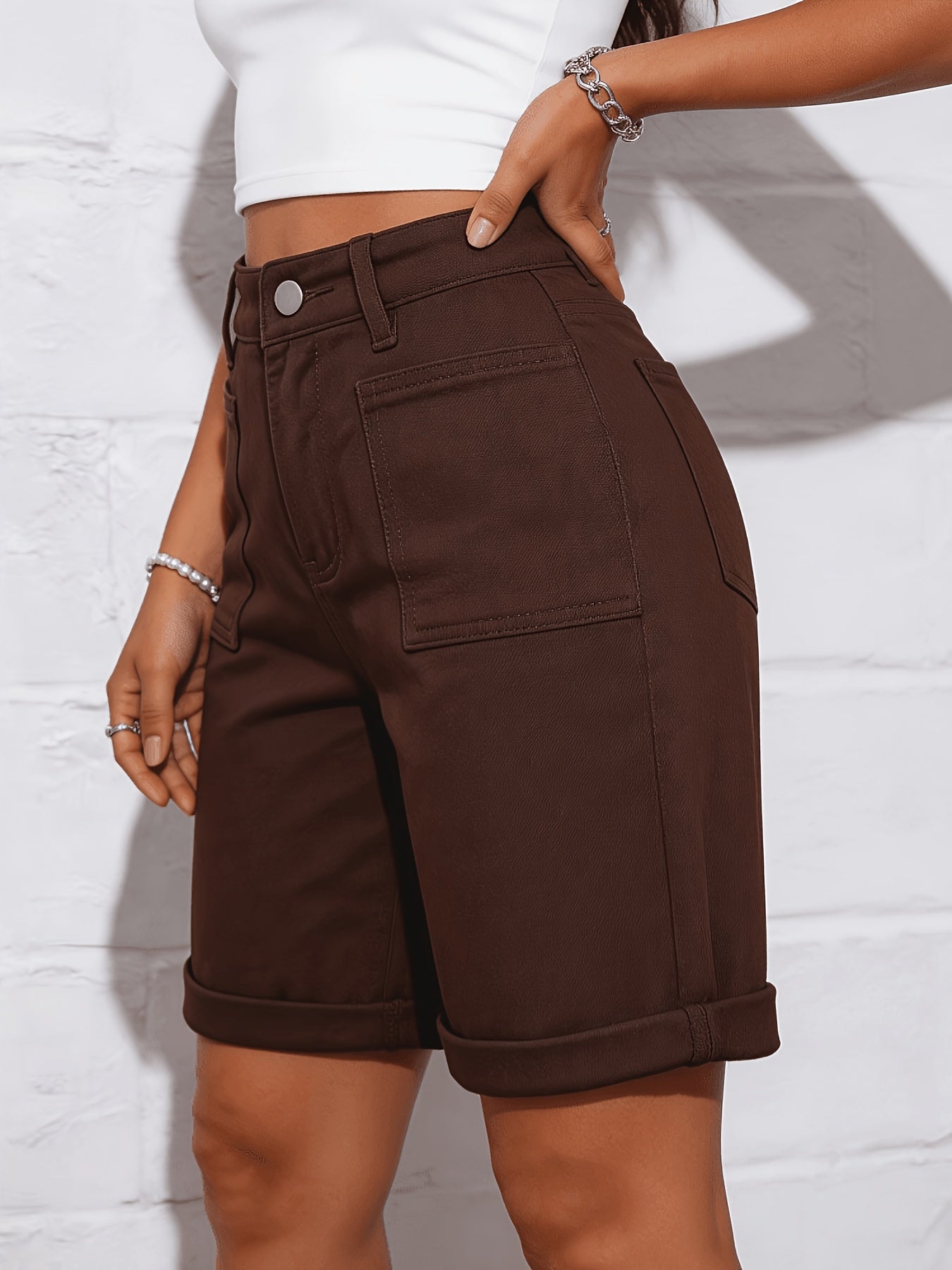 Women's Elegant Coffee Brown Stretch Denim Capri Pants