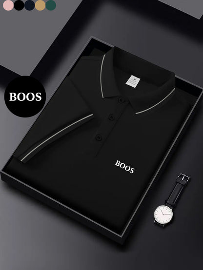 BOOS letter print, 1 premium Men's shirt, polyester fabric, regular fit, turn- collar top, summer short sleeve T-shirt, birthday gift, inner or outer wear, outdoor casual, sportswear, business casual, stylish and breathable, - ayq