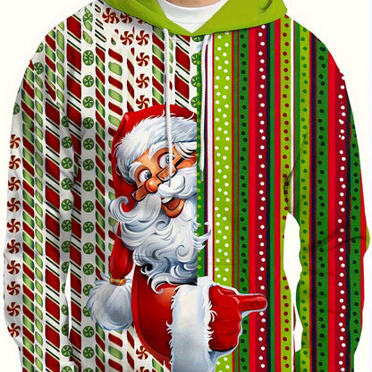 Plus Size Men's Funny Christmas Hoodie- Festive Santa Claus& Snowflake Print, Red& White Holiday Sweatshirt with Pockets, Casual Long Sleeve Pullover for Fall& Winter, Perfect Christmas Gift, Christmas Clothes, PLUS SIZE