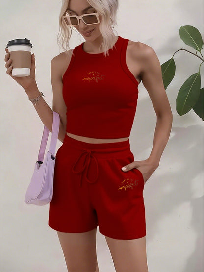 Women's Casual Two-Piece Set with English Print, Short Sleeve & Wide L