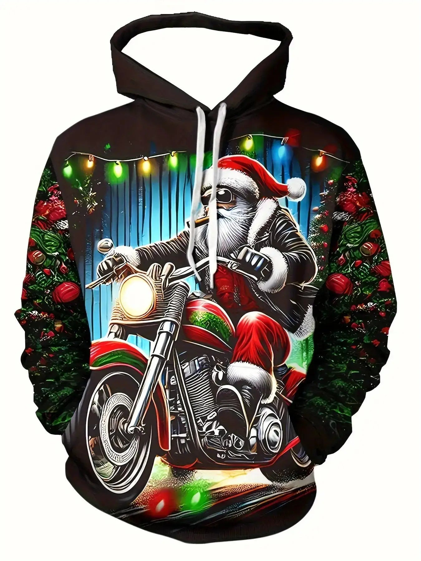 Men'S Christmas Hoodie with Santa Claus Riding Motorcycle & Reindeer Print - Warm Winter Pullover with Kangaroo Pocket, Machine Washable, Regular Fit Casual Long Sleeve Hoodie for Holiday Parties, Home Loungewear & Casual Att