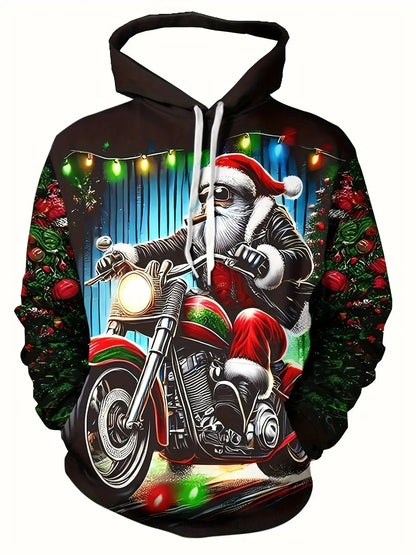 Men'S Christmas Hoodie with Santa Claus Riding Motorcycle & Reindeer Print - Warm Winter Pullover with Kangaroo Pocket, Machine Washable, Regular Fit Casual Long Sleeve Hoodie for Holiday Parties, Home Loungewear & Casual Att