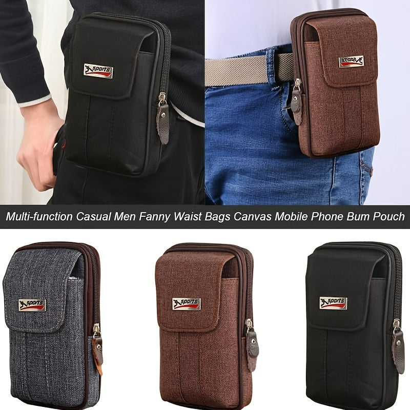 1pc Men's Mobile Phone Bag, Casual Wear Belt Fanny Pack, Canvas Mobile Phone Fanny Pack, Multi-functional Waterproof Mobile Phone Bag, Card Holder, Coin Wallet