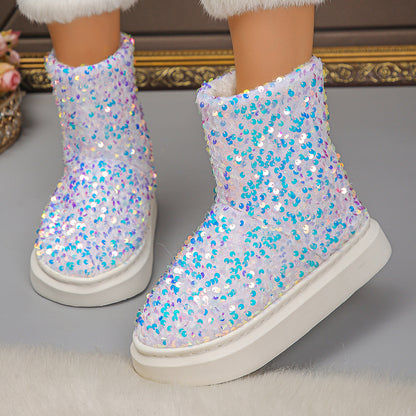 Կանացի փայլուն, ծիծաղանման ձյան կոշիկներ - Տաք, բրդյա ներդիրով, հաստ ռետինե ներբանով, թեթև և տաք ձմեռային կոշիկներ, կապույտ և սպիտակ փայլուն դիզայնով, իդեալական են ամենօրյա կամ տոնական հագուստի համար, ձմեռային կոշիկներ