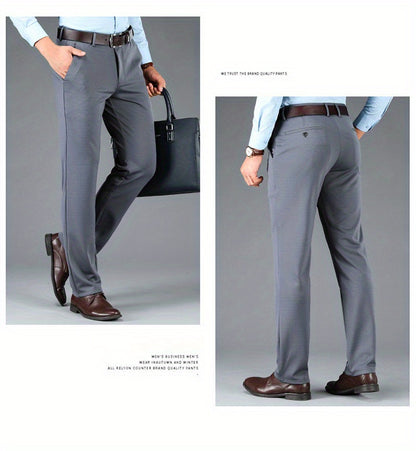 Men's Sleek Business Casual Dress Pants - Solid Black, Straight Leg, Wrinkle-Resistant Polyester Blend, All-Season Formal Trousers with Button Detail