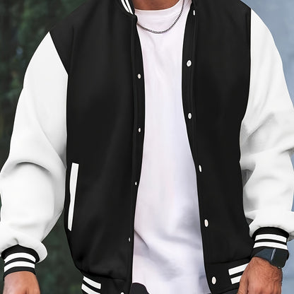 [Bold Design] Men's Stylish Black & White Varsity Jacket - Casual Baseball Coat with Pockets, Button-Up Front, Long Sleeve, Polyester Blend, Perfect for Fall & Winter, Casual Sportswear | Casual Fashion Jacket | Cotton Comfor