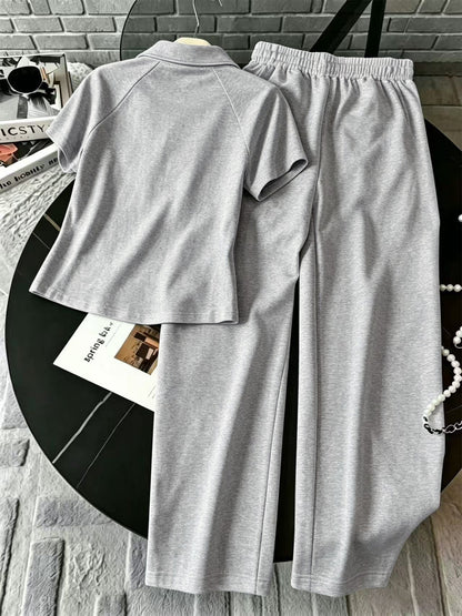 Retro Polo Neck Top & Wide Leg Pants Set with Side Stripe
