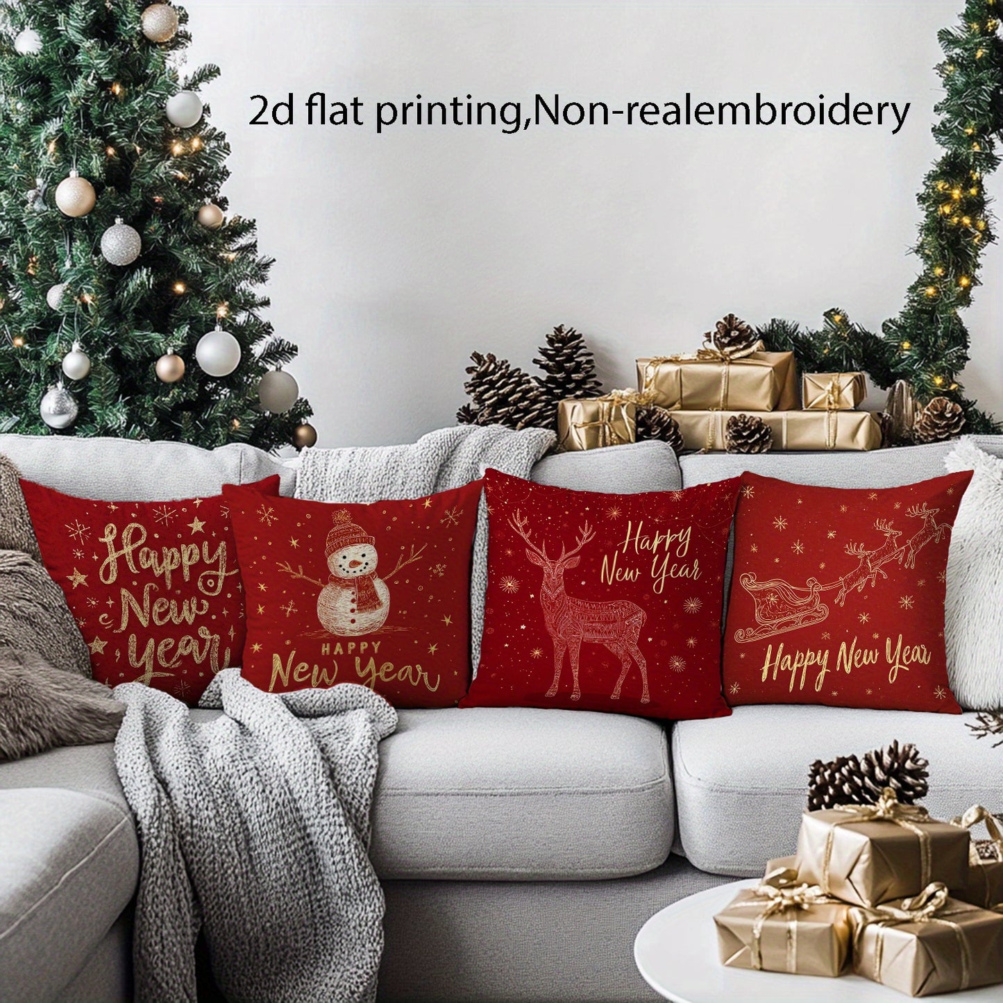 4pcs Festive New Year Throw Pillow Covers, 45.72x45.72 cm, Soft Polyester with Zipper Closure, Machine Washable, Contemporary Printed Designs - Ideal for Holiday Home Decor and Seasonal Gifts, Decorative Pillows | Cheerful Ho