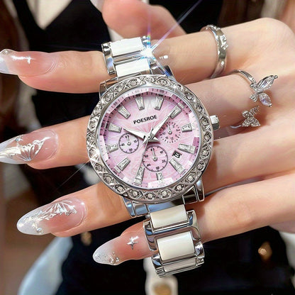 Women's Casual Quartz Watch with Rhinestone Case & Steel Strap