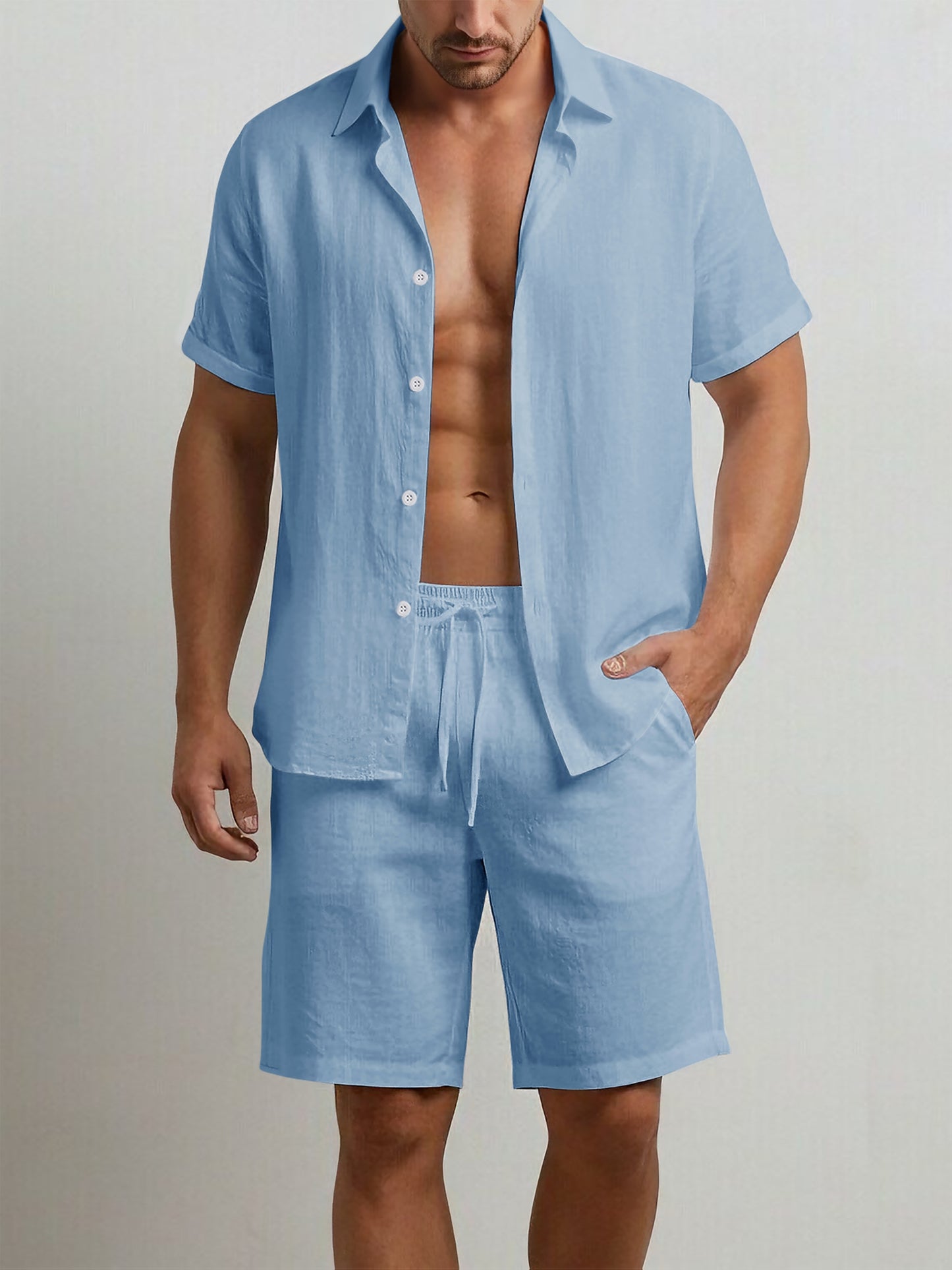 Men's Summer Cotton Shirt and Shorts Set - Casual Outdoor Wear
