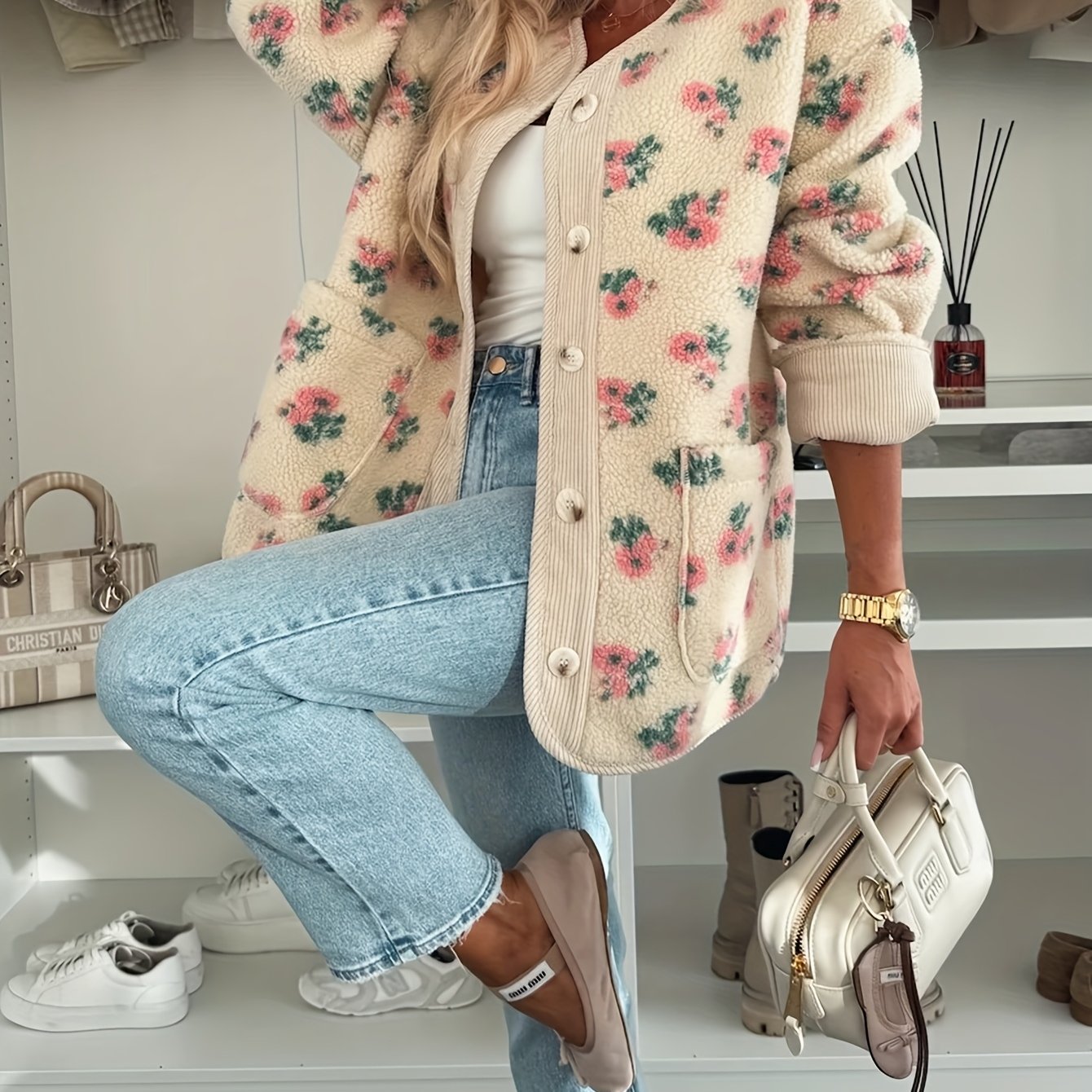 Կանացի ծաղկային նախշերով V-ձև օձիքով, կոճակներով առջևի վերարկու՝ գրպաններով - մեծ չափի H-գծի ուրվագիծ, լվացքի մեքենայով լվացվող ձմեռային բաճկոն՝ վարդագույն և կանաչ գույներով, աշուն/ձմեռ սեզոնի համար նախատեսված առօրյաից մինչև կիսաֆորմալ վերնազգեստ