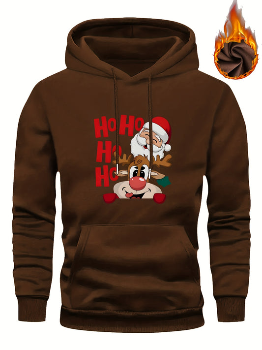 Men's Christmas Hooded Sweatshirt with Rudolph & Santa Print - Thickened Winter Pullover Hoodie, Warm Long Sleeve Casual Sweater for Skiing, Parties, Team Events - Machine Washable (Couple Matching, Unisex Style)