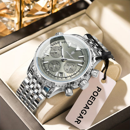 POEDAGAR Men's Luxury Stainless Steel Watch, Chronograph, Calendar, Date Display, Green Dial with Black Bezel & Roman Numerals, Quartz Movement, Casual to Business Style, Suitable for Women