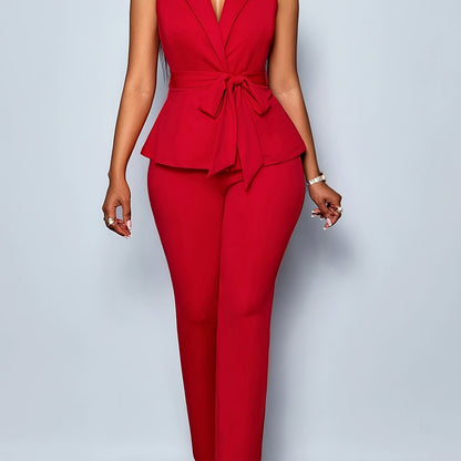 Elegant Solid Color Sleeveless Blazer & Pants Two-Piece Set - Lace-Up Detail, Waist Tie, All-Season Stylish Workwear for Women, Office Attire|Sleek Fit|Laceup Blazer