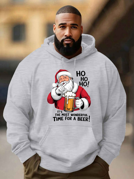 Men'S Red Hoodie with Santa Claus & Beer Mug Graphic - "Ho Ho Ho! It'S the Most Wonderful Time for a Beer!" - Cozy Plush Pullover for Fall & Winter, Casual Holiday Wear, Christmas Clothes, Plus Size