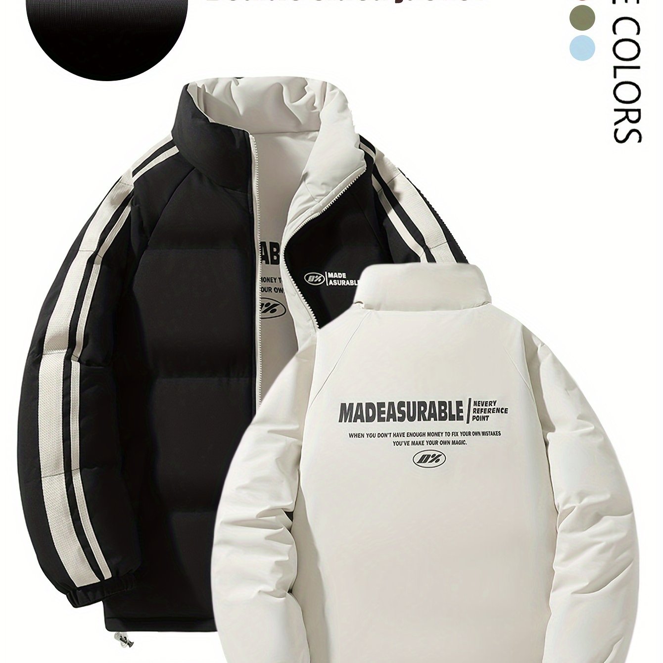 Տղամարդու երկկողմանի ձմեռային բաճկոն՝ հաստացված, կանգուն օձիքով, կայծակաճարմանդով և «MADEASURABLE» և «I CONUT» գրությամբ, սև և սպիտակ, սովորական չափսի՝ աշնանային և ձմռան համար, աշնանային վերնազգեստ, համարձակ գրություն, դիմացկուն գործվածք