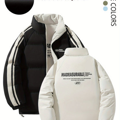 Տղամարդու երկկողմանի ձմեռային բաճկոն՝ հաստացված, կանգուն օձիքով, կայծակաճարմանդով և «MADEASURABLE» և «I CONUT» գրությամբ, սև և սպիտակ, սովորական չափսի՝ աշնանային և ձմռան համար, աշնանային վերնազգեստ, համարձակ գրություն, դիմացկուն գործվածք