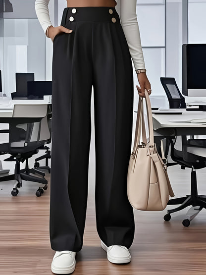 Women's Elegant Button-Waist Straight Leg Polyester Trousers