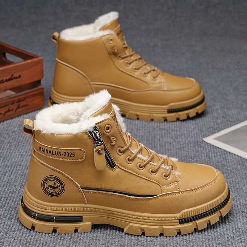 Men's Vintage Casual Fleece-Lined Snow Boots - Brown Faux Cover with Black Accents, Lace-Up Design, Thick PVC Sole for Winter & Fall, Round Toe Comfort, Everyday Winter Footwear, Winter Boots,  Style Boots, Durable Winter Foo