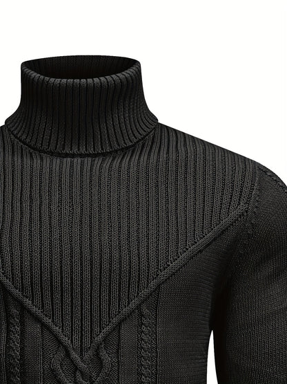 Men'S Casual Winter High Neck Turtleneck Sweater | Black Solid Color, Medium Stretch Fabric, Regular Fit, Hand Wash Only, Sleek Knitwear, Long Sleeve, Rib-Knit Detail