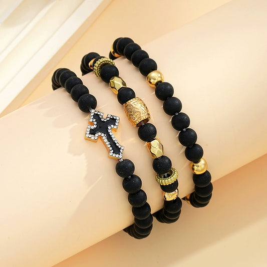 A Set of Three Men'S Bracelets Featuring Black Beads And Cross Decorations, Perfect for Mature Men. These Accessories Are Suitable for Everyday Wear And Make Great Gifts for Men.