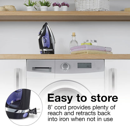 Hamilton Beach Steam Iron for Clothes & Garment Steamer with Smooth Press Stainless Steel Soleplate, 1200 Watts, 8’ Retractable Cord, Black (14214)