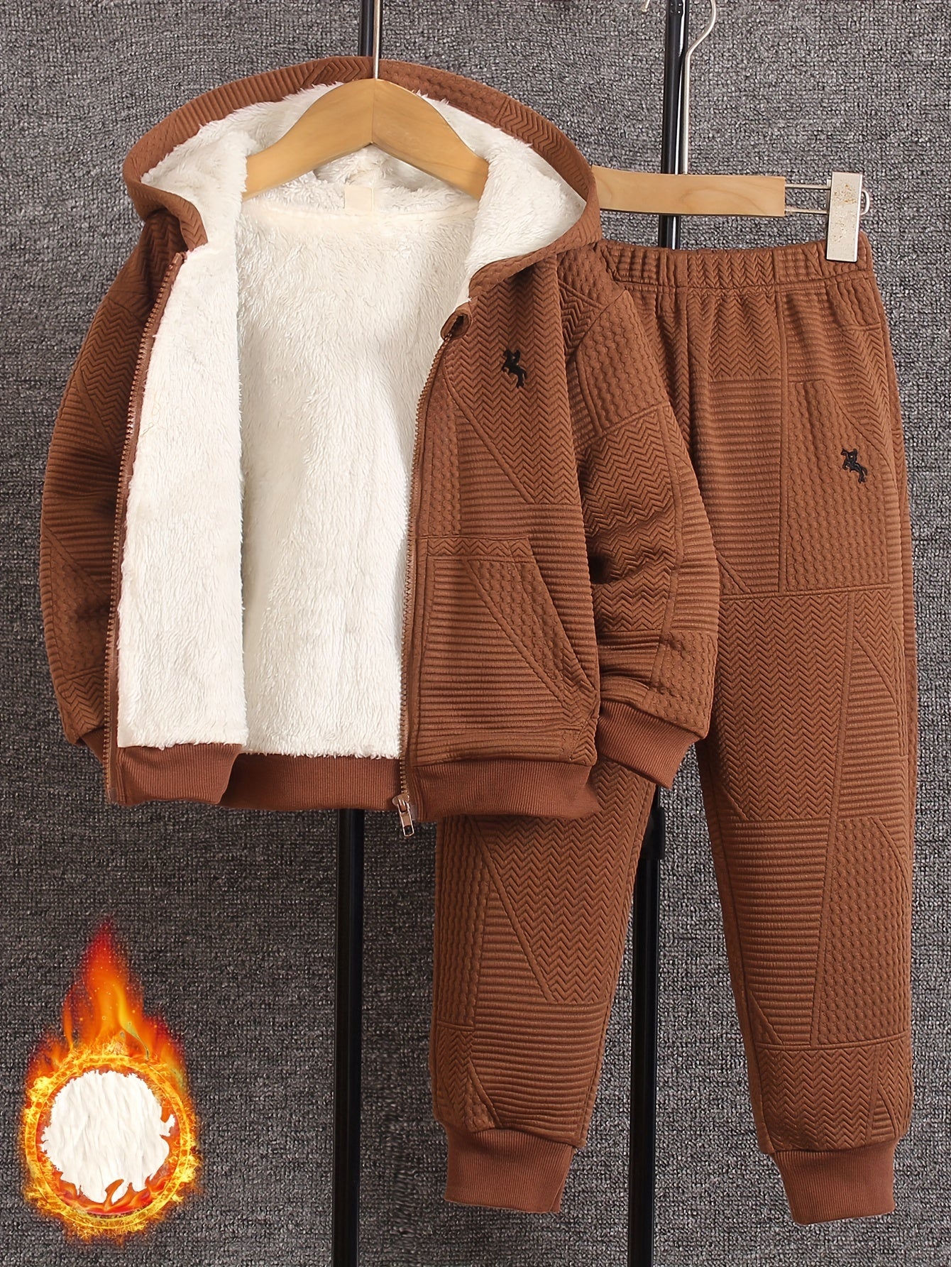 Cozy Fleece Zip-Up Hoodie & Pants Set - Beige Geometric Pattern, Long Sleeve Casual Winter Outfit with Pockets, Elastic Waistband, and Button-Up Front, Perfect for Fall/Winter, Cozy Clothing | Playful Design | Elastic Waistba