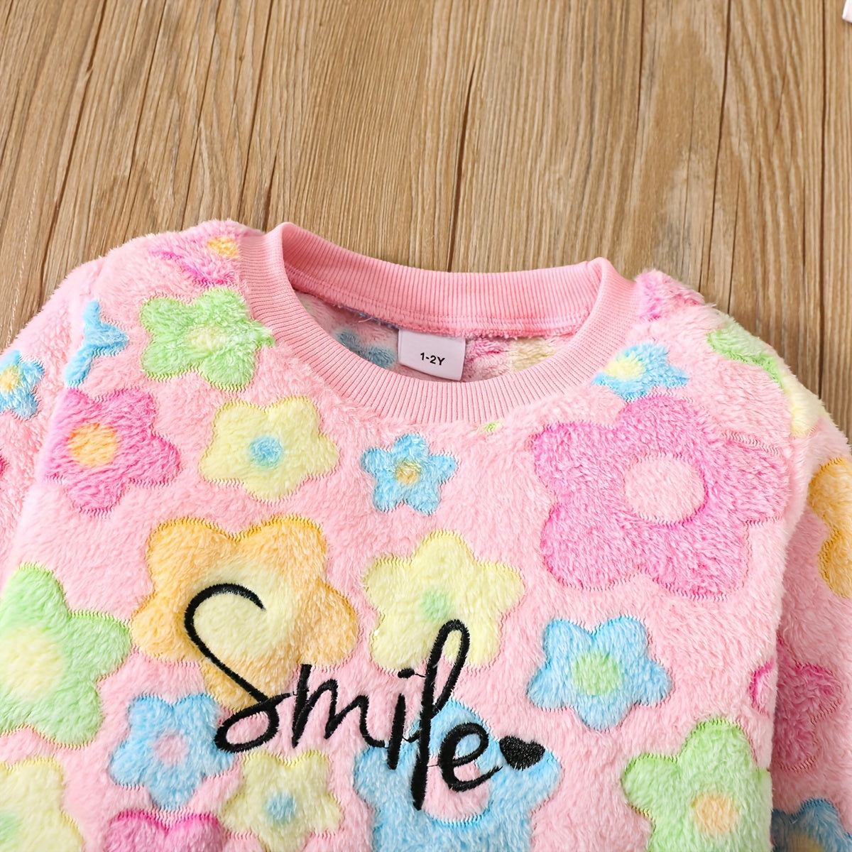 Աղջիկների աշնանային և ձմեռային նորաձև տաք հավաքածու «Ժպիտ» ասեղնագործությամբ, գունագեղ ծաղկային ապլիկացիայով բրդյա բաճկոնով և լայնածավալ տաբատով, իդեալական է բացօթյա օգտագործման համար