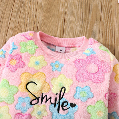 Աղջիկների աշնանային և ձմեռային նորաձև տաք հավաքածու «Ժպիտ» ասեղնագործությամբ, գունագեղ ծաղկային ապլիկացիայով բրդյա բաճկոնով և լայնածավալ տաբատով, իդեալական է բացօթյա օգտագործման համար