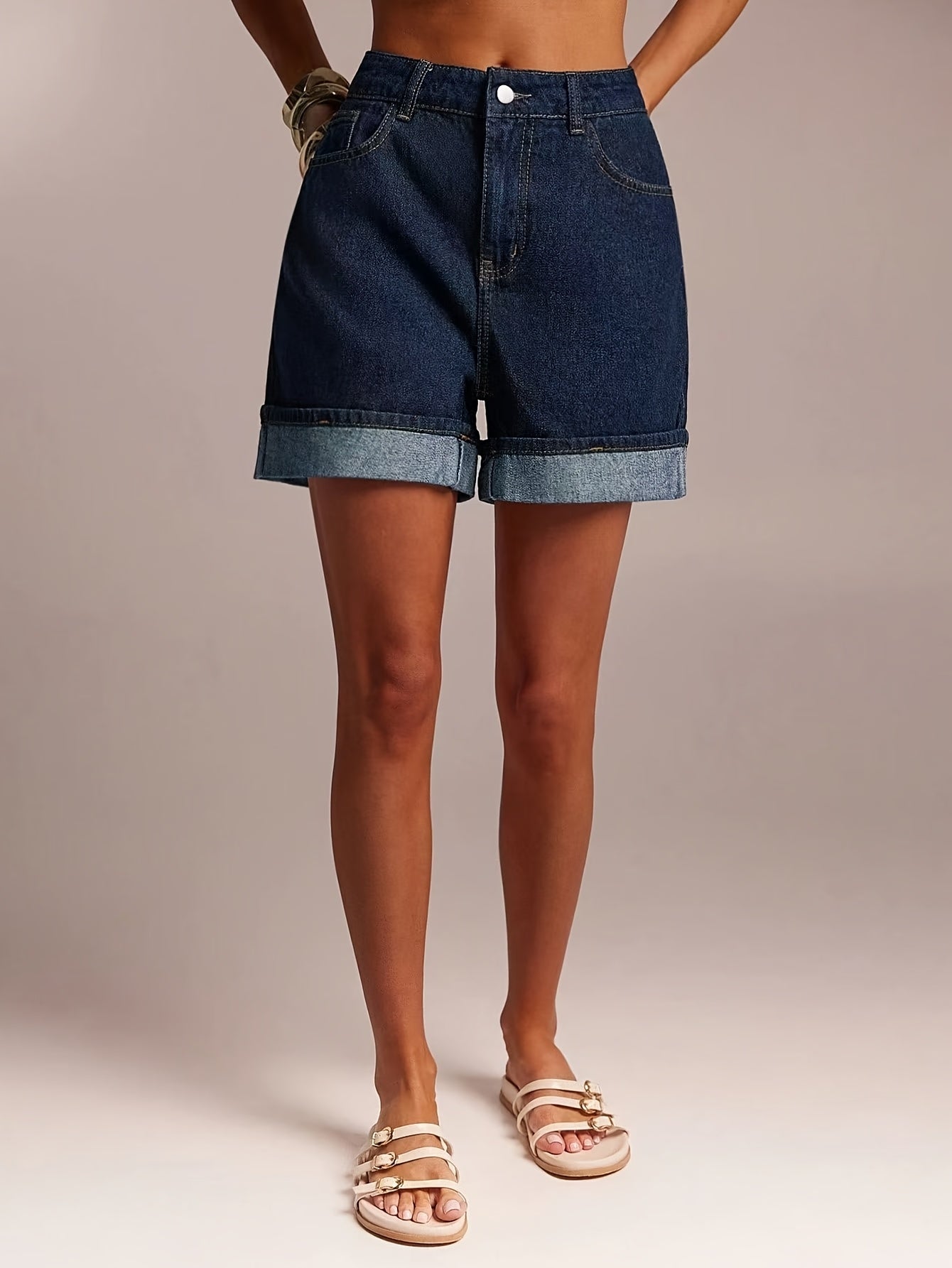 Women's Straight Cut Denim Shorts with A-Line Hem - High Stretch