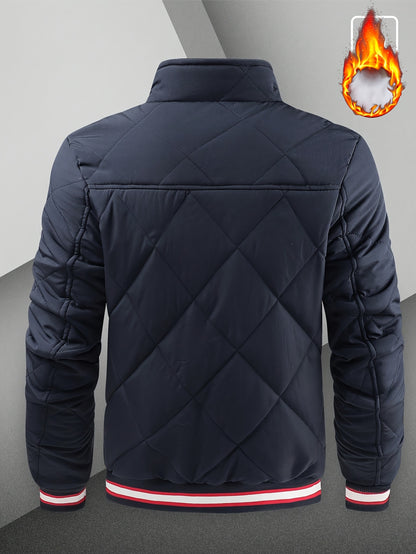 Men's Casual Quilted Polyester Jacket with Stand Collar