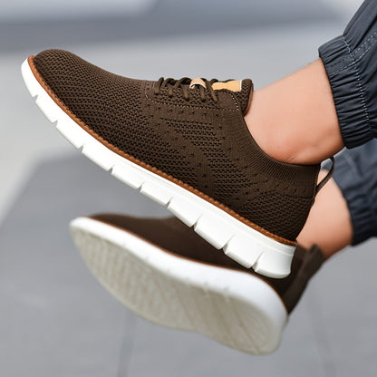 Men's Breathable Knit Business Casual Shoes - Beige with Brown Accents, Lace-Up, EVA Sole, Round Toe, Versatile for All Seasons, Dressy Shoes