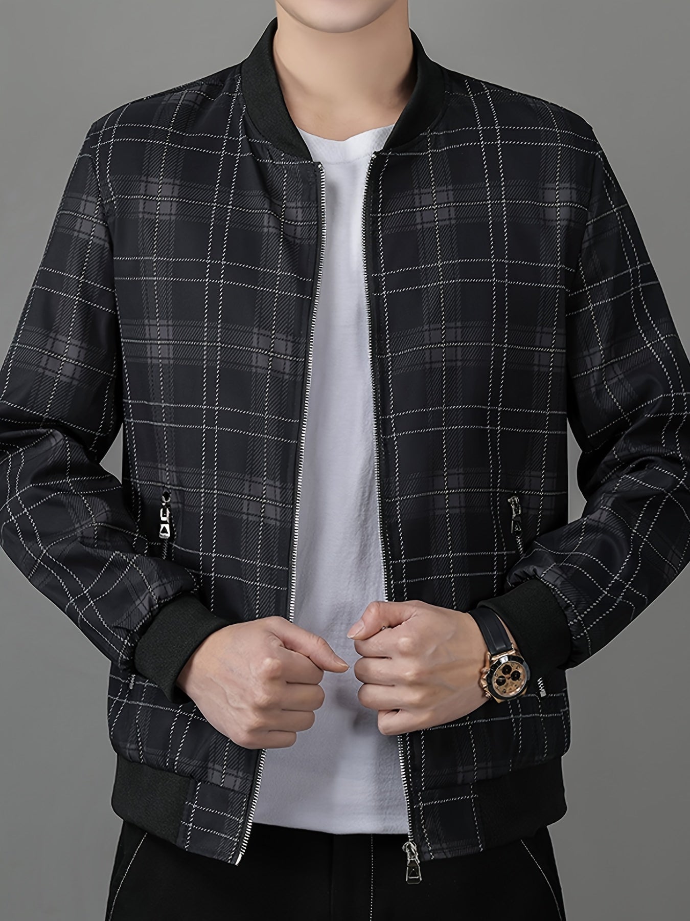 Men's Lightweight Baseball Jacket - Navy Blue & Black Plaid Zip-Up Coat, Non-Stretch Fabric for Formal & Casual Outfits - Spring/Fall Outerwear Jacket, Outdoor Wear, Classic Collar, Quality Stitching, Stylish Coat, Fashioncon